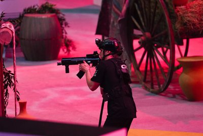 Aiming on arena: barrel and village props