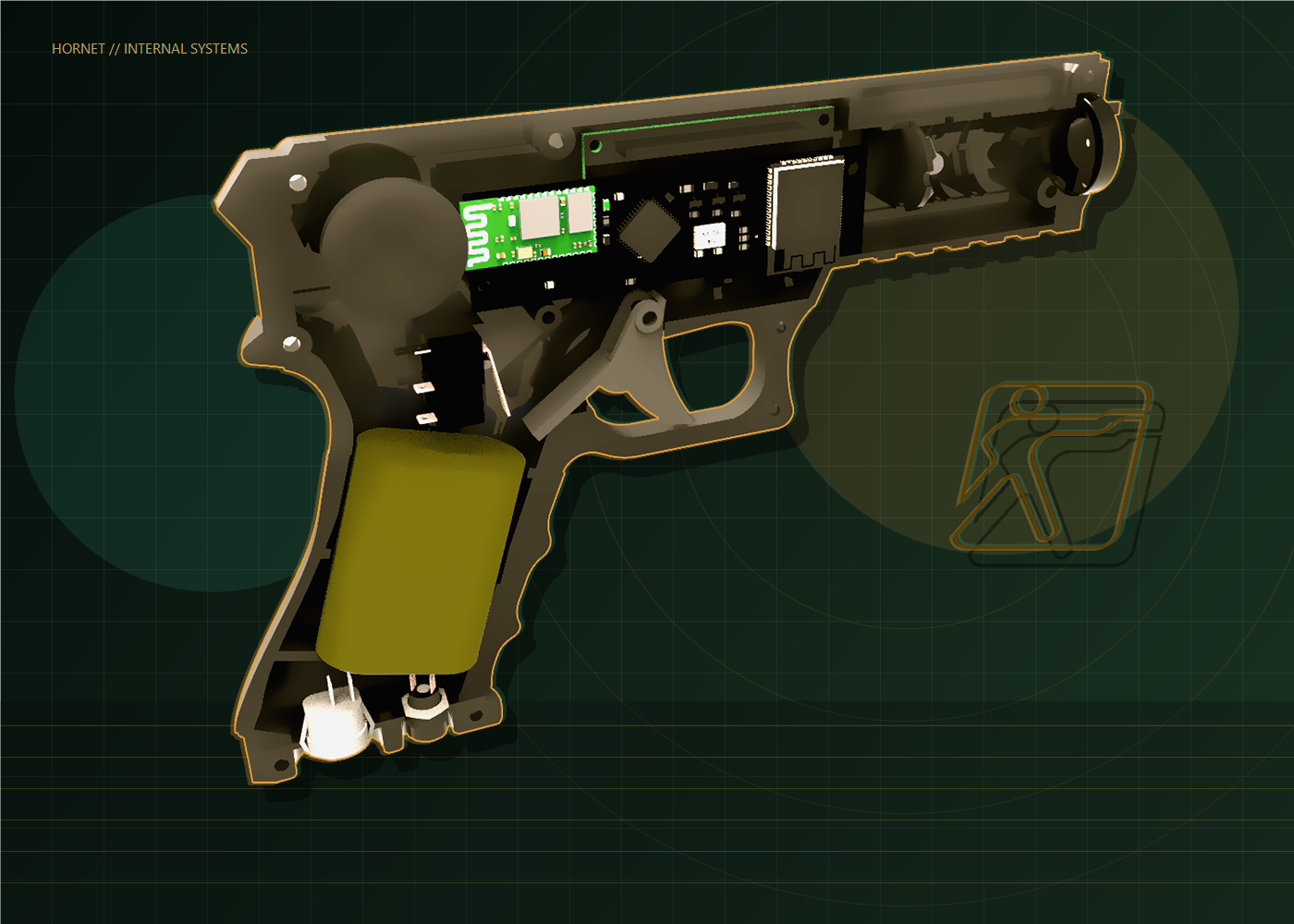 Technical cutaway render of the Hornet laser tag pistol internal modules