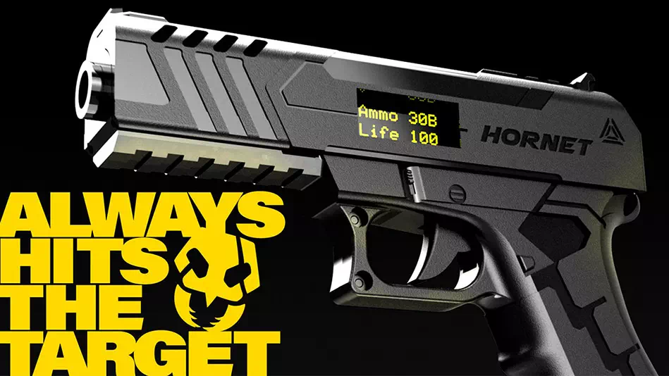 Hornet laser tag pistol with integrated OLED display showing ammo and life
