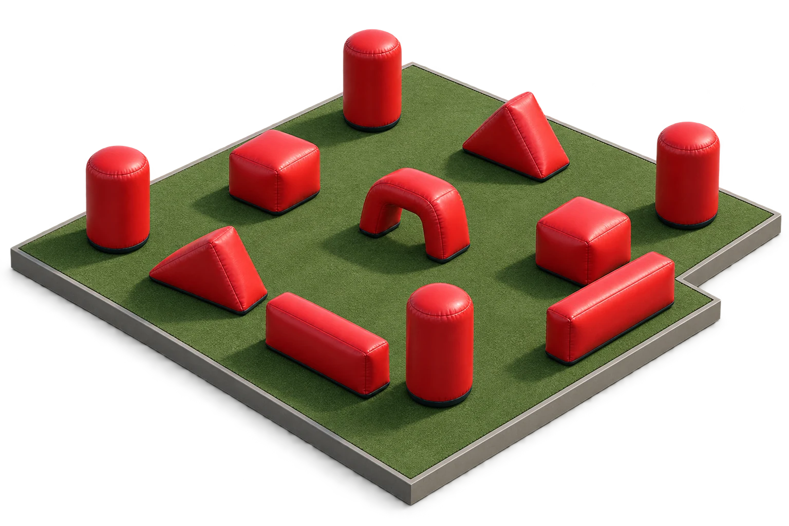 Illustrative isometric concept of a laser tag field with red inflatable cylinders, walls, cubes, wedges and an arch