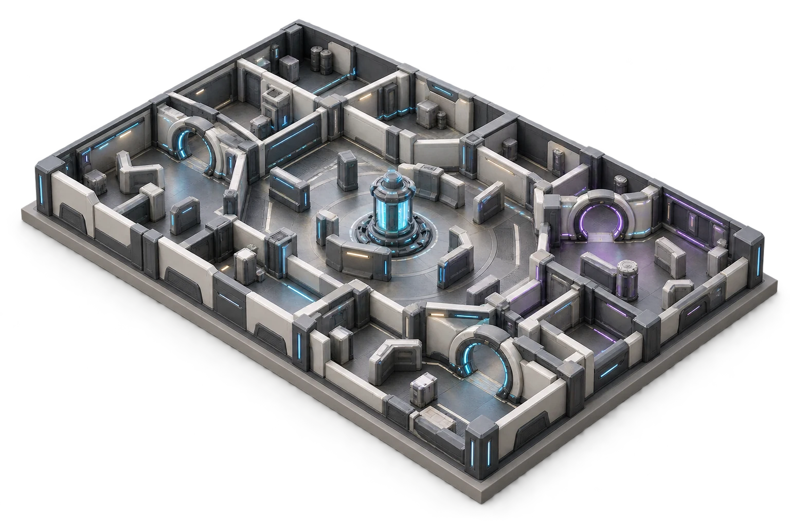 Illustrative isometric concept of a space-station laser tag arena with circular portals, connected corridors and a central reactor