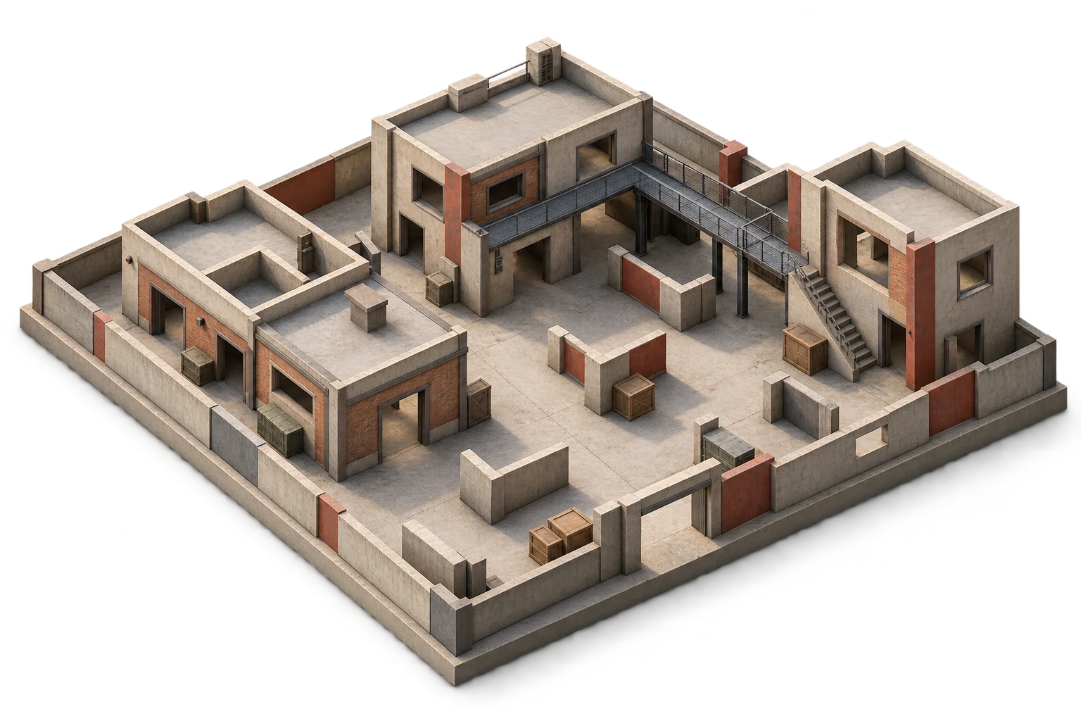 Illustrative isometric concept of an urban laser tag arena with concrete buildings, alleyways and a raised walkway