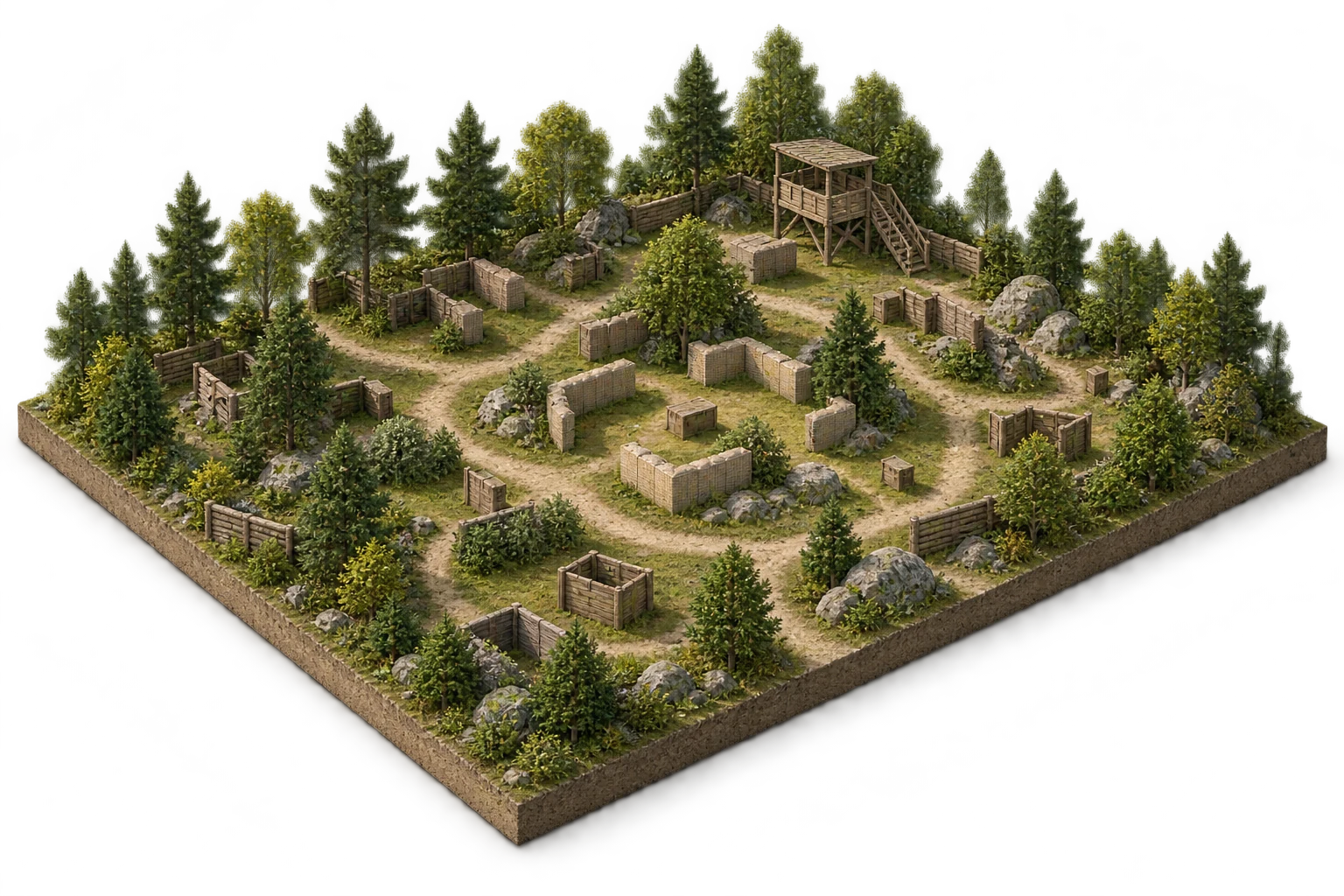 Illustrative isometric concept of an outdoor woodland laser tag park with timber cover, paths, trees and a lookout
