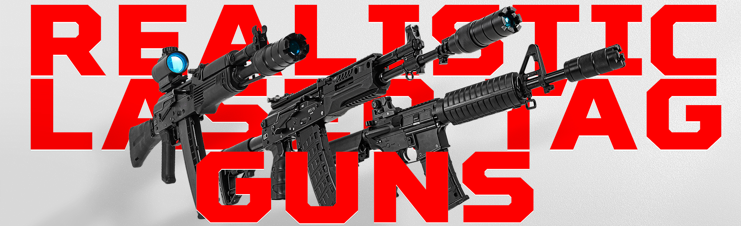 Realistic laser tag guns — original LASERWAR equipment banner